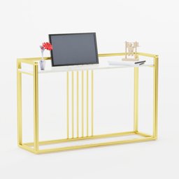 "Golden modern console table 3D model for Blender 3D. Ideal for organizing your living room or bedroom, this metallic table design enhances the decor with a contemporary look. Use it as a lamp stand, book shelf, or fish tank stand to elevate any space."