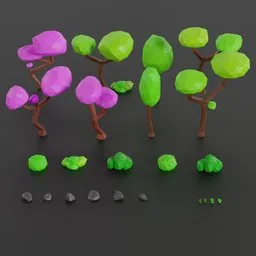Assorted Blender 3D low poly foliage models including vibrant trees, bushes, grass, and rocks.