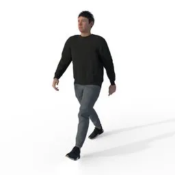 3D scanned walking male figure with rigged animation and customizable clothing colors, suitable for Blender.
