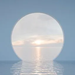 3D-rendered fantasy scene with a serene ocean sunset visible through a circular portal.