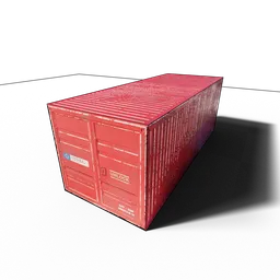 "Game-ready low poly shipping container 3D model for Blender 3D. Includes fully detailed faces and chemrail, with a red box sitting on top of a black surface. Perfect for industrial and container ship scenes."