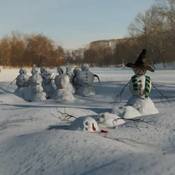 3D Blender render of a whimsical snowmen battle scene set in a snowy landscape