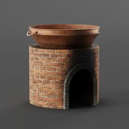Realistic copper kettle on brick furnace 3D model, high-quality Blender asset for medieval/fantasy settings.
