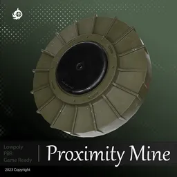 Detailed 3D model of a game-ready military mine with PBR textures, designed for use in Blender and other 3D applications.