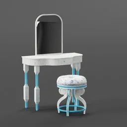 "Country-side themed dressing table with small vanity, stool, and mirror. Features a human-like 3D model in light blue and white tones, reminiscent of children's illustration. Designed with rococo mechanical and electronic elements, small legs, hyperrealistic details, and bump mapping. Perfect for creating a metaverse or adding to your Blender 3D asset collection."