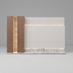"LED Wall V4 3D model for modern living rooms and bedrooms with showcase shelf and storage cabinets, designed in Blender 3D. Dramatic lighting and delicate detailing with a monolithic appearance, by Mario Bardi. Ukiyo-style vertical lines and a subtle moonstone finish captured in a 360 panoramic render."