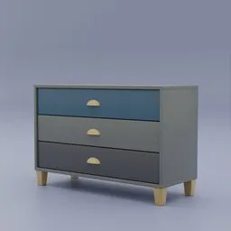"Mid-century modern 3-drawer dresser 3D model in blue and grey color scheme. Openable drawers for organizing items and sturdy enough to sit on. Perfect for Blender 3D software use and featured on Artstation. "