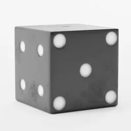"Monochrome 3D model of a standard six-sided die with white dots, ideal for gambling and probability situations. Created using Blender 3D software, this model features diffuse shadows and a realistic texture. Perfect for gaming and algorithmic experimentation."