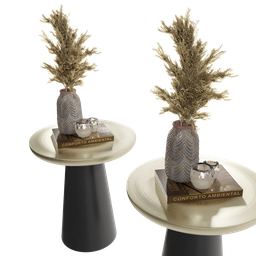 "Round Side table 3D model for Blender 3D - monochrome design with metallic bronze skin, featuring two vases with plants, ostrich feathers and coniferous forest. Perfect for adding detail to any scene."