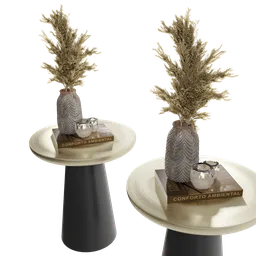"Round Side table 3D model for Blender 3D - monochrome design with metallic bronze skin, featuring two vases with plants, ostrich feathers and coniferous forest. Perfect for adding detail to any scene."