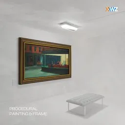 3D model of a procedural painting with frame on a white gallery wall created using Blender's geometry and shader nodes.