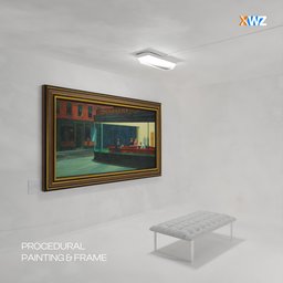 3D model of a procedural painting with frame on a white gallery wall created using Blender's geometry and shader nodes.