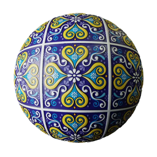 High-quality rustic ceramic tile texture with decorative blue and yellow patterns for Blender 3D PBR shader configurations.