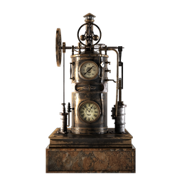 Detailed 3D steampunk engine model with gears and pipes, designed with Blender, featuring 4K PBR textures.