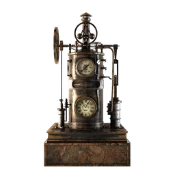 "Steampunk Engine: A high-quality mechanical machine with clock sitting on a table; featuring frostpunk and snake oil skin elements, laboratory background, and daugerrotype aesthetics. This Blender 3D model is accompanied by 4k PBR textures, suitable for cycles rendering. With 565,344 vertices and 562,693 polygons, it promises an immersive experience for auto repair enthusiasts and fans of Twitch TV's pulsing energy."