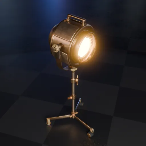 Detailed bronze studio light 3D model with adjustable tripod stand, designed for Blender rendering.