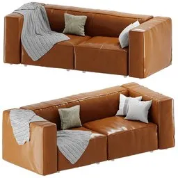 "Brown leather Mags Soft 2,5 seater sofa designed by HAY with pillows and blanket, made with polyurethane foam, leather and natural pine wood. Perfect for contemporary interiors. 3D model for Blender 3D."