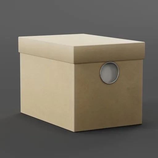 Detailed 3D model of a beige cardboard storage box with round cut-out handles, suitable for Blender rendering.