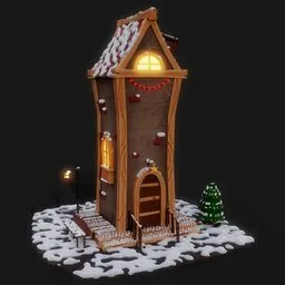 "A charming winter scene featuring a clay house with shiny windows, snow, garland, and a Christmas tree, accompanied by a bench and lantern. This 3D model is ideal for Blender 3D enthusiasts and perfect for winter-themed projects."