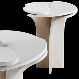 Detailed 3D model of a designer dual-function blossom table and stool with textured wood and embossed logo.