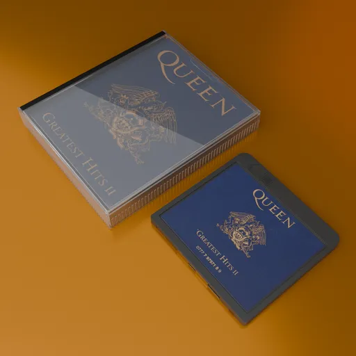Detailed 3D render of Queen Greatest Hits II MiniDisc with case and booklet for Blender artists.