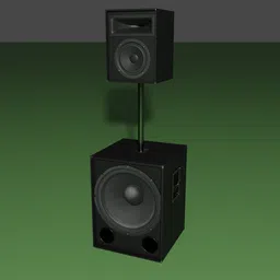 3D modeled 1000W speaker system with detailed subwoofer and satellite tweeters, designed in Blender, ideal for audio visualization.