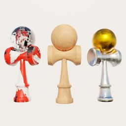 "Highly detailed Blender 3D models of three wooden kendamas and a golden ball on a white background. Perfect for creating dynamic and engaging 3D scenes. Explore the versatility of Blender with these eye-catching kendama models."