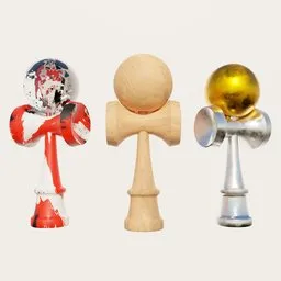 "Highly detailed Blender 3D models of three wooden kendamas and a golden ball on a white background. Perfect for creating dynamic and engaging 3D scenes. Explore the versatility of Blender with these eye-catching kendama models."