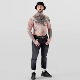 3D-rendered young male with tattoos, black jeans, and panama hat in a neutral pose for Blender projects.