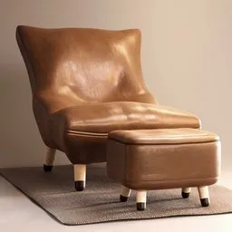 Detailed 3D model of a tan leather Bergere chair with ottoman, showcasing customizable textures and realistic proportions.
