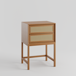 Detailed 3D wooden bedside cabinet with rattan drawers for Blender rendering.