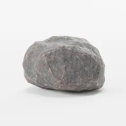 "Low-poly boulder rock #2 in photorealistic steel gray texture, perfect for landscape designs in Blender 3D. Featuring PBR textures, this computer-generated model sits on a flat white surface with occasional small rubble, making it a realistic addition to any scene. Created in 2019 by Joep Hommerson and available on BlenderKit."