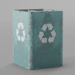 "Street trash can 3D model for Blender 3D with recycle logo, detailed face, and rusted metal and plaster textures. Perfect for exterior scenes and promoting sustainability. Comes with three color variations for added versatility."