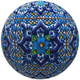 Seamless PBR Mexican ceramic tile texture with adjustable color, scale, roughness, and displacement for 3D rendering.