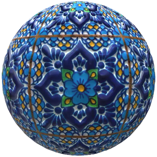 Seamless PBR Mexican ceramic tile texture with adjustable color, scale, roughness, and displacement for 3D rendering.
