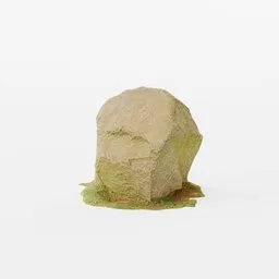 "City Park Rock PBR Scan 03" 3D model for Blender 3D, featuring a large rock with a face and surrounded by lush grass and rocks. Perfect for parks, roadsides, and nature environments. This limited edition model is inspired by Joachim Patinir and created by Nicolas Froment.