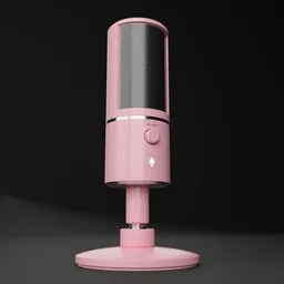 "Seiren X Mic: A pink microphone with a black background, designed for PC gamers in Blender 3D. This e-girl inspired product features mist filters and tiffany style elements, created by Leila Faithfull in 2019."