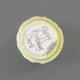 "3D scanned cake model featuring "Happy Birthday Clara" text on top, perfect for Blender 3D projects. Ideal for sweet and dessert themed renders, inspired by Jemima Blackburn's artwork. Created using Blender 3D software."
