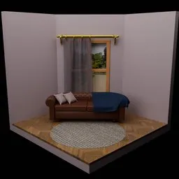Detailed 3D Chester sofa model with pillows, blanket, and rug in a cozy room setup, suitable for Blender rendering.