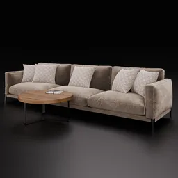 High-quality 3D model of a contemporary velvet sofa with pillows, compatible with Blender, on a dark backdrop.