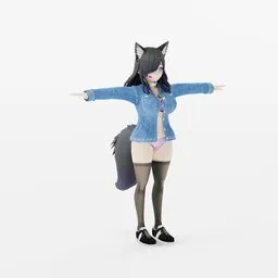 "3D Wolf-Girl model in T-Pose created using Vroid Studio for Blender 3D. Features include a blue shirt, cat head, and anime waifu style. Perfect for anime and character modeling enthusiasts."