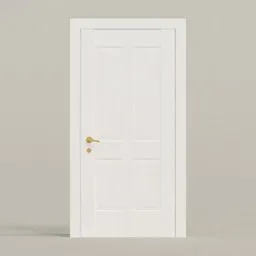 Detailed white 3D model door with rectangular ornamentation and golden handle, interactive open/close feature, designed for Blender.
