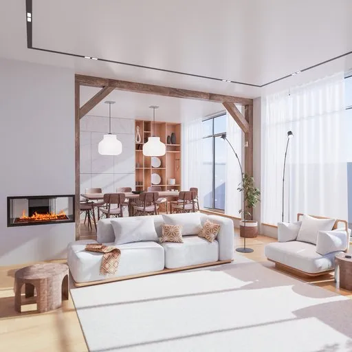 Bright, modern 3D living room with unique sofa and dining set, perfect for Blender artists and interior design visualization.