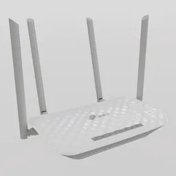 "3D model of a sleek Tplink Archer C5 AC1200 router with 4 antennas, for household appliances category in Blender 3D software. Power supply not included."