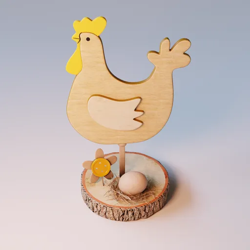 Detailed Blender 3D model featuring a rustic wooden hen with egg and flower accessories, ideal for Easter-themed digital art projects.