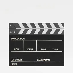 "Blender 3D model of a movie clapboard with a camera, featuring stock footage and live-action scenes. The actor, contrast icon, and a part of the screen are included, with up to three characters. Get the movie numberator instrument for synchronizing films with this 3D template sheet."