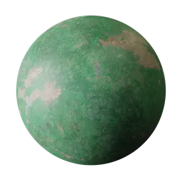 Green plaster wall PBR material with damaged concrete texture and rust details for Blender 3D.