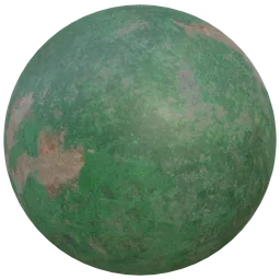 Green plaster wall PBR material with damaged concrete texture and rust details for Blender 3D.