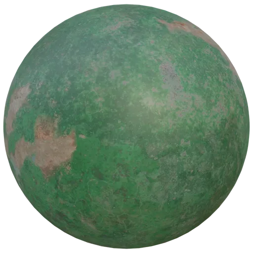 Green plaster wall PBR material with damaged concrete texture and rust details for Blender 3D.