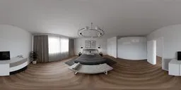 360-degree HDR image of a stylish modern bedroom with gray bedding, large windows with curtains, wooden floor, and a green plant.